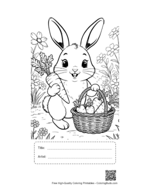 Thumbnail: Adorable Rabbit with a Woven Basket Full of Decorated Eggs Printable with Title and Artist Box