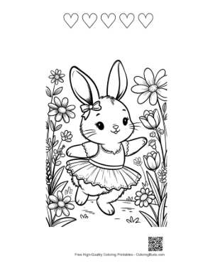 Thumbnail: Charming Bunny Ballerina Dancing Among Spring Flowers Printable and 5 Heart Outline
