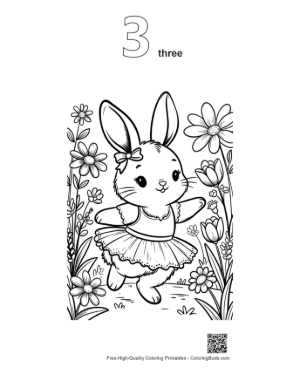 Thumbnail: Charming Bunny Ballerina Dancing Among Spring Flowers Printable Outline Number 3
