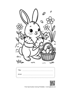 Thumbnail: Cheerful Rabbit Holding a Large Carrot Next to Easter Treats Printable with Title and Artist Box