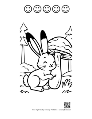 Thumbnail: Curious Jackrabbit Leaning Against a Tall Mushroom Stalk Printable and 5 Happy Face Outline