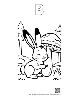 Thumbnail: Curious Jackrabbit Leaning Against a Tall Mushroom Stalk Printable Outline Alphabet B
