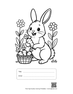 Thumbnail: Cute Baby Bunny Standing by a Flower Garden Holding an Easter Egg Printable with Title and Artist Box