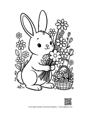 Thumbnail: Cute Bunny Rabbit Holding a Large Bouquet of Spring Flowers Printable