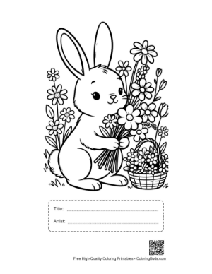 Thumbnail: Cute Bunny Rabbit Holding a Large Bouquet of Spring Flowers Printable with Title and Artist Box