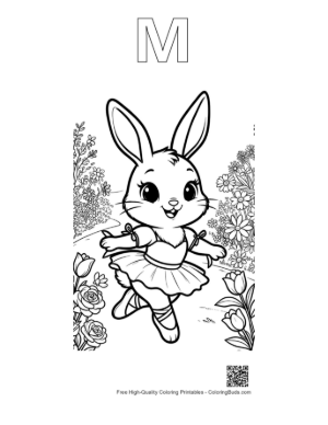 Thumbnail: Lovely Rabbit Dancer Twirling in a Field of Blossoms Printable Outline Alphabet M