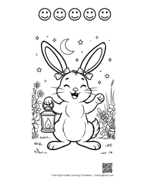 Thumbnail: Night Jackrabbit Holding a Lantern Under a Starry Sky Printable and 5 Happy Face Outline