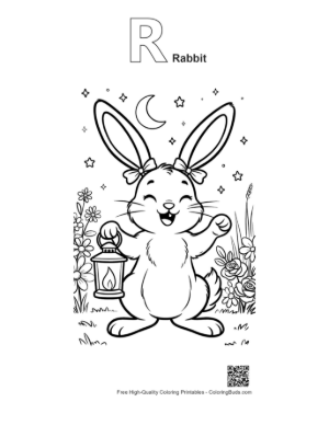 Thumbnail: Night Jackrabbit Holding a Lantern Under a Starry Sky Printable Outline Alphabet R Rabbit