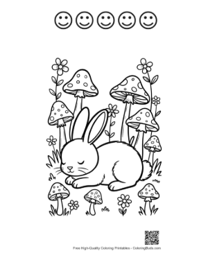Thumbnail: Sleepy Bunny Rabbit Napping Under Giant Forest Mushrooms Printable and 5 Happy Face Outline