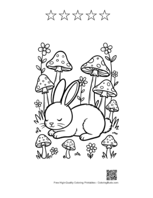 Thumbnail: Sleepy Bunny Rabbit Napping Under Giant Forest Mushrooms Printable and 5 Star Outline