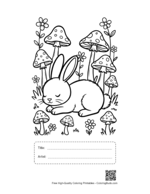 Thumbnail: Sleepy Bunny Rabbit Napping Under Giant Forest Mushrooms Printable with Title and Artist Box