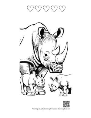 Thumbnail: Majestic White Rhino with Playful Calves Printable and 5 Heart Outline