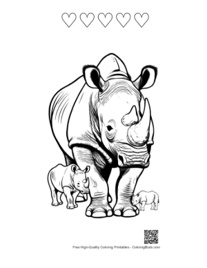 Thumbnail: Majestic White Rhino with Two Calves Printable and 5 Heart Outline