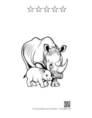 Thumbnail: Mother White Rhino Nuzzling Calf Printable and 5 Star Outline
