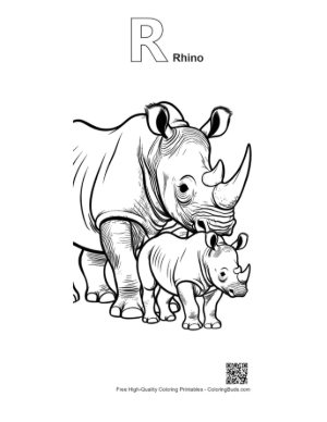Thumbnail: Mother White Rhino Nuzzling Calf Printable Outline Alphabet R Rhino