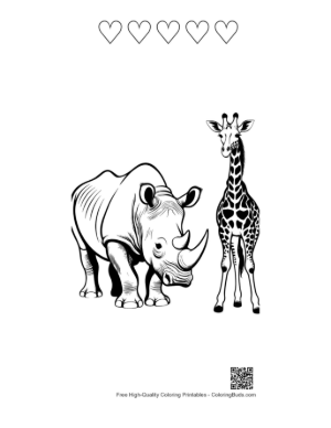 Thumbnail: White Rhino and Giraffe Line Art Printable and 5 Heart Outline
