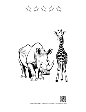 Thumbnail: White Rhino and Giraffe Line Art Printable and 5 Star Outline