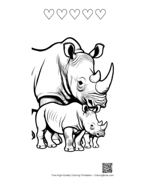 Thumbnail: White Rhino Mother and Calf Outline Printable and 5 Heart Outline