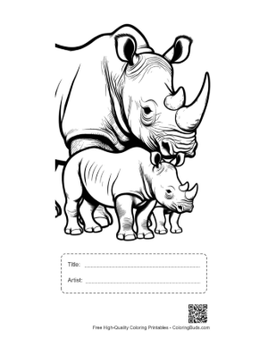 Thumbnail: White Rhino Mother and Calf Outline Printable with Title and Artist Box