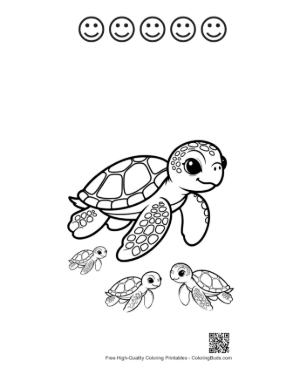 Thumbnail: Adorable Green Sea Turtle with Cute Hatchlings Printable and 5 Happy Face Outline