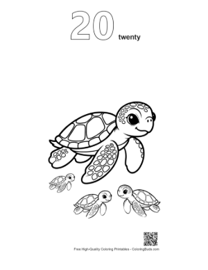 Thumbnail: Adorable Green Sea Turtle with Cute Hatchlings Printable Outline Number 20