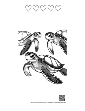 Thumbnail: Adorable Hatchling Sea Turtles Illustration Printable and 5 Heart Outline
