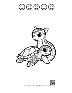 Thumbnail: Cute Hatchling Sea Turtle with Playful Plesiosaur Printable and 5 Happy Face Outline