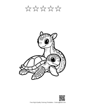 Thumbnail: Cute Hatchling Sea Turtle with Playful Plesiosaur Printable and 5 Star Outline