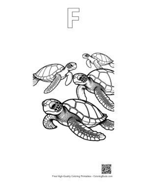 Thumbnail: Group of Baby Sea Turtles Swimming Printable Outline Alphabet F