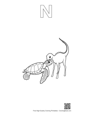 Thumbnail: Hatchling Sea Turtle Cuddling Baby Dinosaur Printable Outline Alphabet N