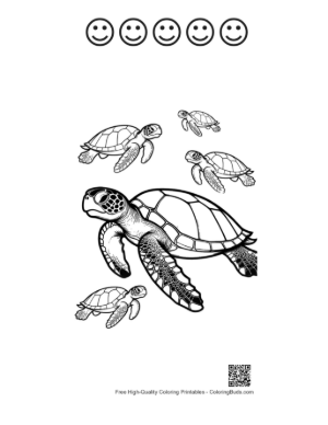 Thumbnail: Mother Green Sea Turtle with Hatchlings Printable and 5 Happy Face Outline