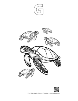 Thumbnail: Mother Green Sea Turtle with Hatchlings Printable Outline Alphabet G