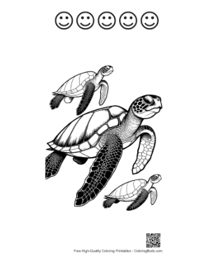 Thumbnail: Playful Green Sea Turtle Family Swimming Printable and 5 Happy Face Outline