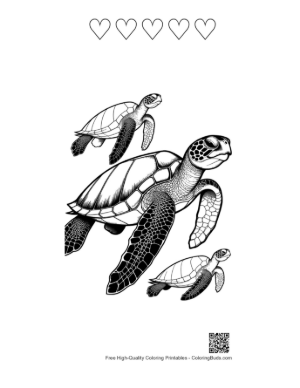 Thumbnail: Playful Green Sea Turtle Family Swimming Printable and 5 Heart Outline