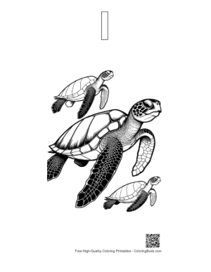 Thumbnail: Playful Green Sea Turtle Family Swimming Printable Outline Alphabet I