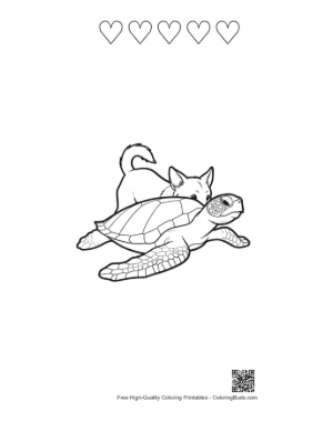 Thumbnail: Playful Kitten Cuddling Green Sea Turtle Printable and 5 Heart Outline