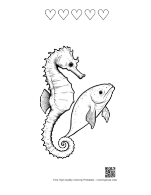 Thumbnail: Seahorse and Fish in Coral Reef Printable and 5 Heart Outline