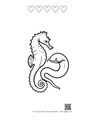 Thumbnail: Seahorse Embraced by Coiling Sea Snake Printable and 5 Heart Outline