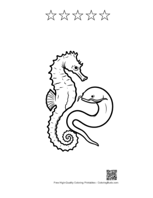 Thumbnail: Seahorse Embraced by Coiling Sea Snake Printable and 5 Star Outline