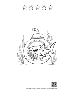 Thumbnail: Baby Hammerhead Shark Inside a Round Submarine Window Printable and 5 Star Outline