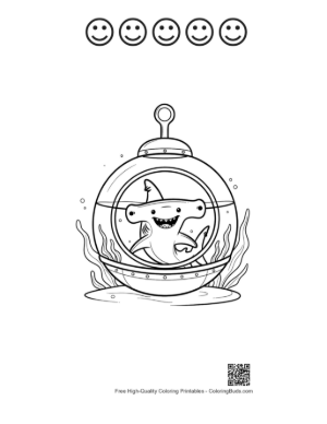 Thumbnail: Cute Shark Waving from a Futuristic Underwater Pod Printable and 5 Happy Face Outline