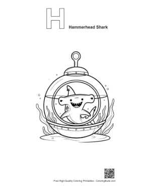 Thumbnail: Cute Shark Waving from a Futuristic Underwater Pod Printable Outline Alphabet H Hammerhead Shark