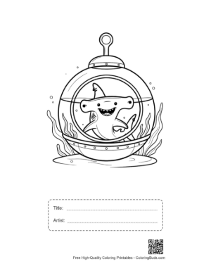 Thumbnail: Cute Shark Waving from a Futuristic Underwater Pod Printable with Title and Artist Box