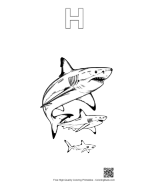 Thumbnail: Great White Sharks Leaping in Bold Line Art Printable Outline Alphabet H