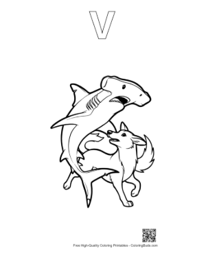 Thumbnail: Hammerhead Shark Chasing Playful Fox Printable Outline Alphabet V