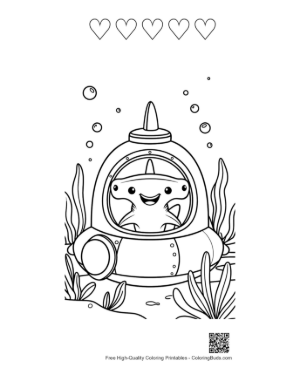 Thumbnail: Hammerhead Shark Piloting a High-Tech Deep Sea Submarine Printable and 5 Heart Outline
