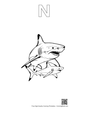 Thumbnail: Mother Great White Shark and Baby Printable Outline Alphabet N