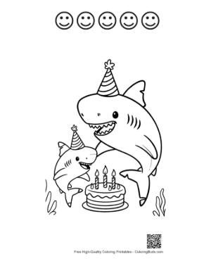 Thumbnail: Sharks Swimming Around a Birthday Cake with Frosting Printable and 5 Happy Face Outline