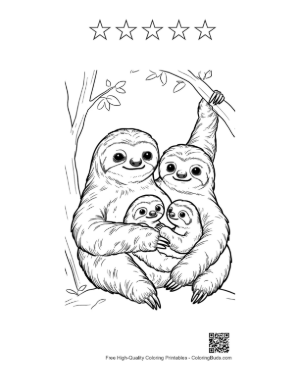 Thumbnail: Happy Three-Toed Sloth Family Hanging on Tree Branch Printable and 5 Star Outline