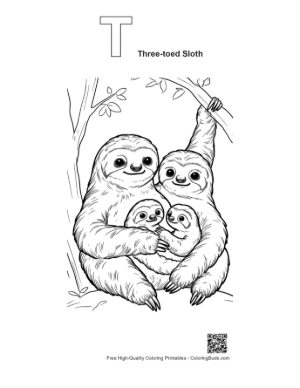 Thumbnail: Happy Three-Toed Sloth Family Hanging on Tree Branch Printable Outline Alphabet T Three-Toed Sloth